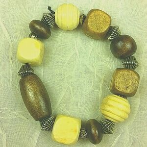 Boho Chunky Wood Bead Stretch Bracelet Natural Earthy Tribal Artisan Jewelry